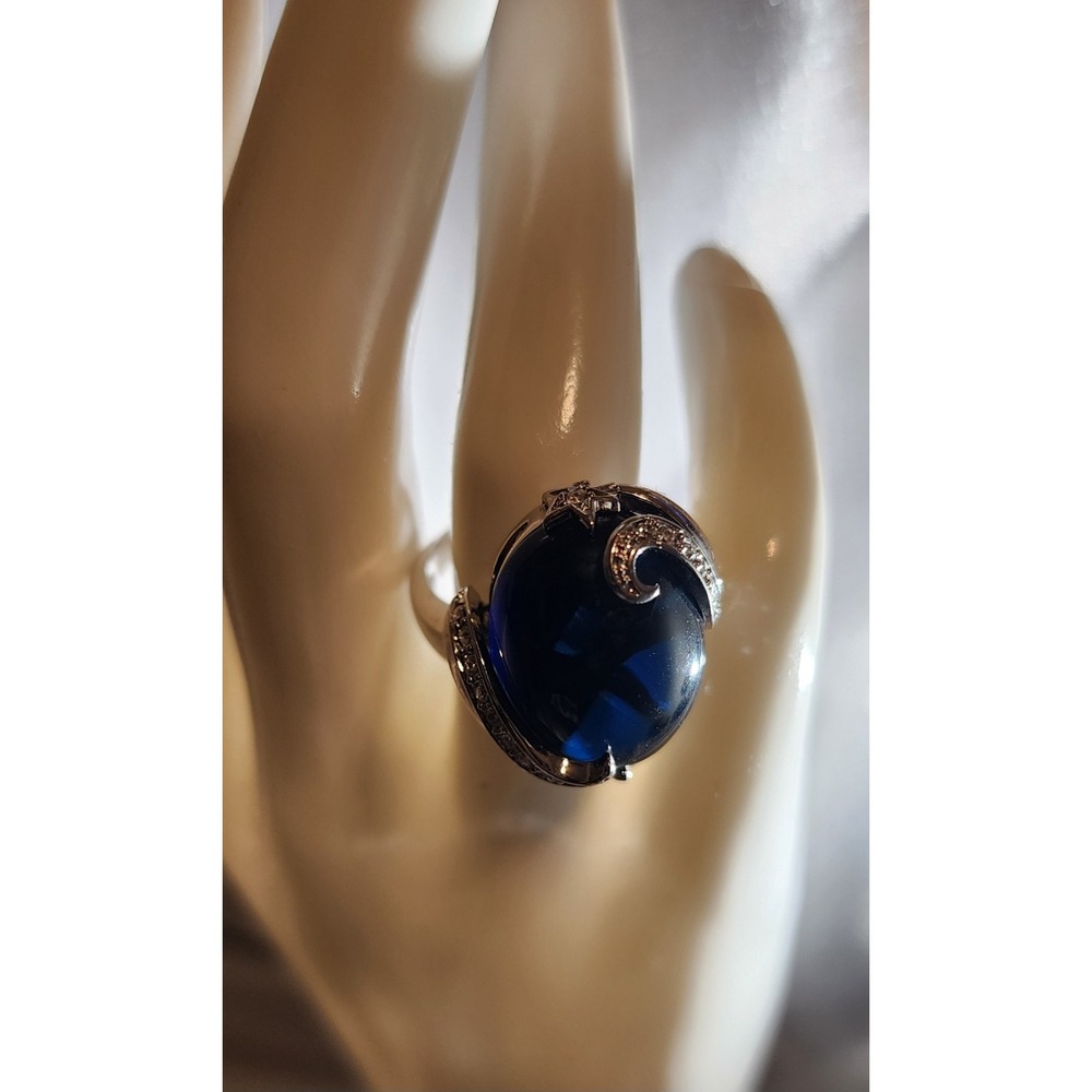 Dark Blue Cabochon Celestial Moon Star Statement Ring Silver Tone Size 7.25